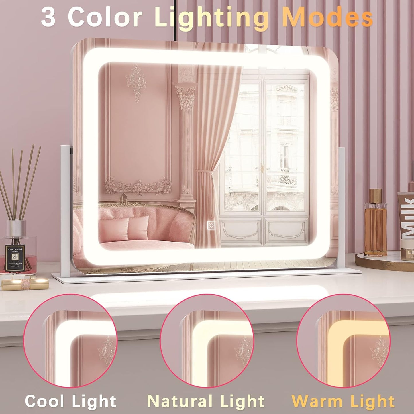 22x17 Inch Lighted Vanity Mirror with Dimmable LED Lights - 3 Color Modes, Smart Touch Control & 360° Rotating Base - Desk Makeup Mirror (White)