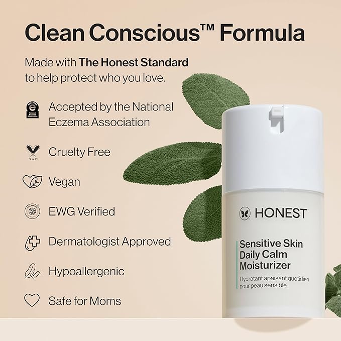 Honest Beauty Sensitive Skin Daily Calm Lightweight Moisturizer, Reduces Redness, Hydrates, Hypoallergenic, Fragrance-Free Vegan, 1.7 fl oz