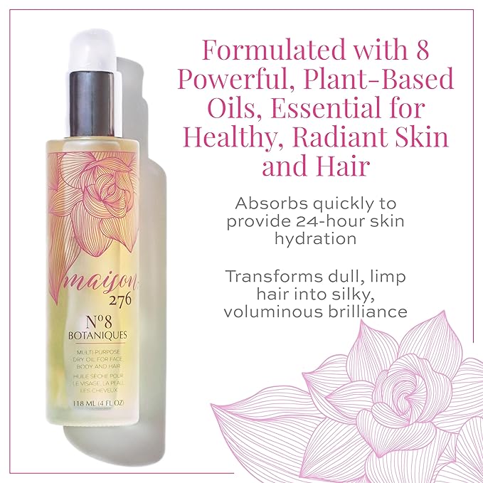 Maison 276 No. 8 Botaniques Multi-Purpose Moroccan Oil Moisturizer for Face, Body & Hair, After Bath & Shower Body Oil For Women & Men, Paraben Free, Sulfate Free, 4 Fl Oz