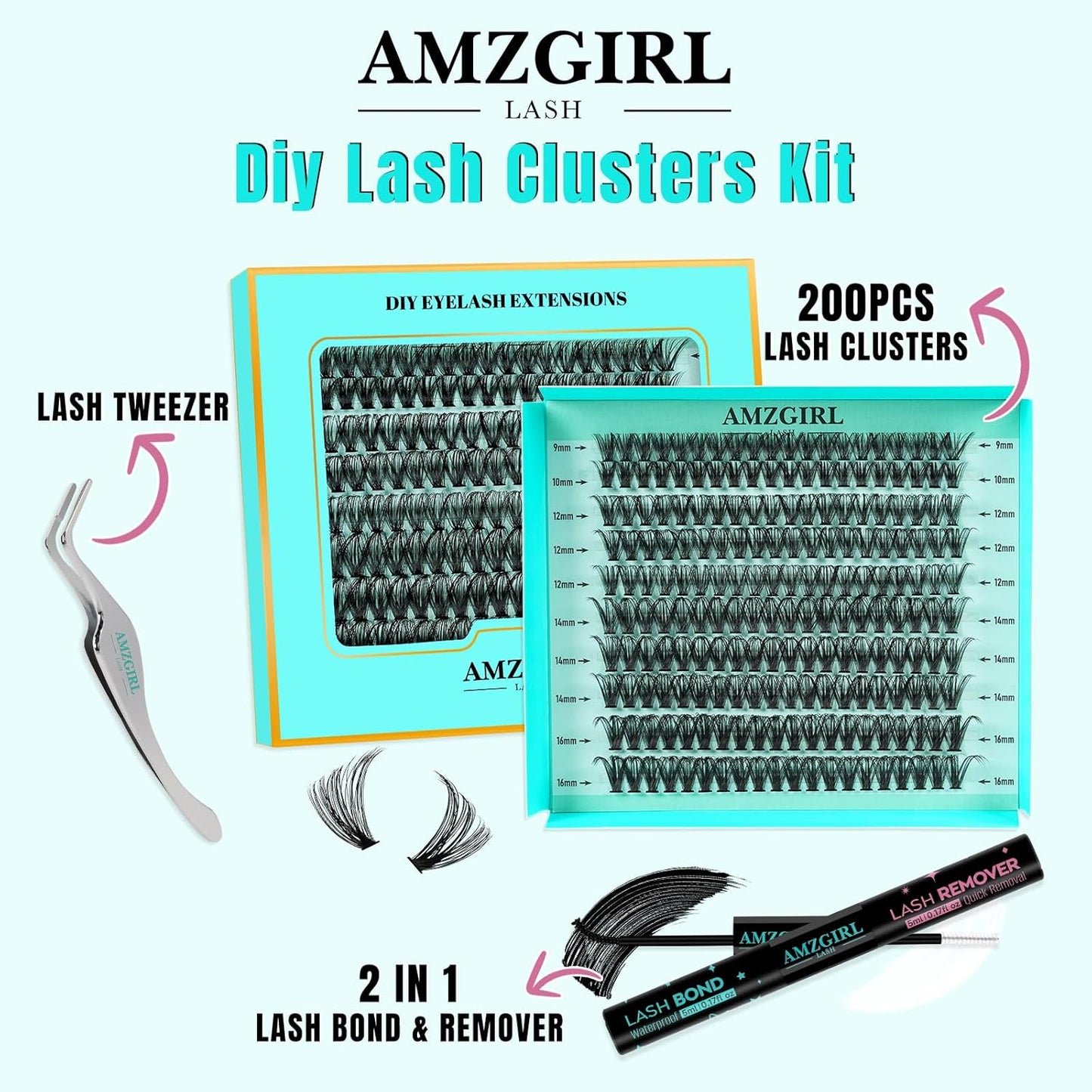 Lash Extension Kit 200PCS Lash Clusters Mix Eyelash Extension Kit with Waterproof Lash Bond and Remover,Individual Lashes with Lash Tweezers for Beginners at Home(40D,D-Mix9-16mm)