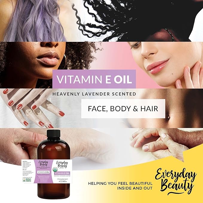 Organic Vitamin E Oil - Heavenly Lavender Scented 16 oz Bulk USDA Certified 100% All Natural Plant Based - Lightweight and Great for Scars After Surgery - For Face, Skin and Nails