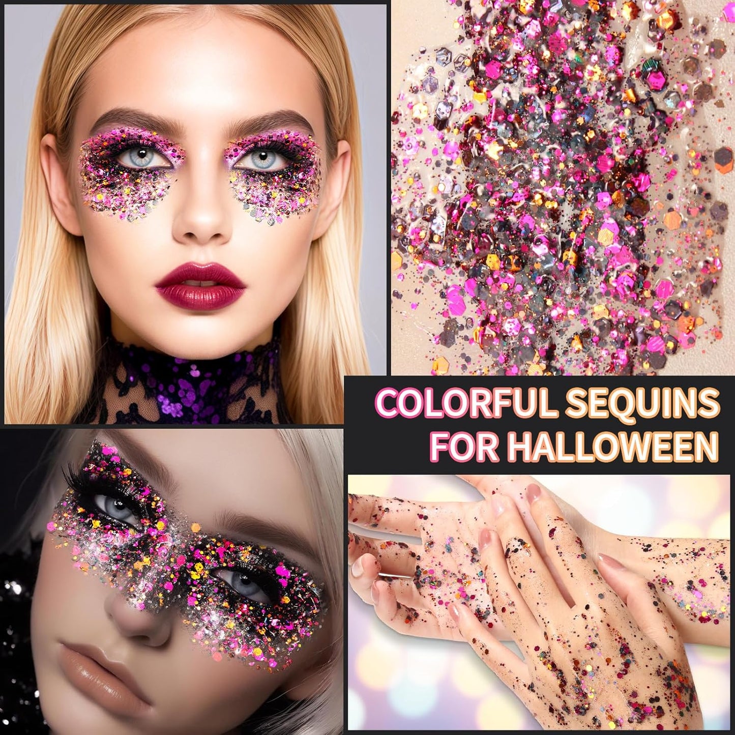 DAGEDA Halloween Black Body Glitter Gel, Face Hair Glitter Body Shimmer, Halloween Costume Accessories Chunky Glitters Eyeshadow, Holographic Cosmetic Sequins Festival Outfits for Women 50ml