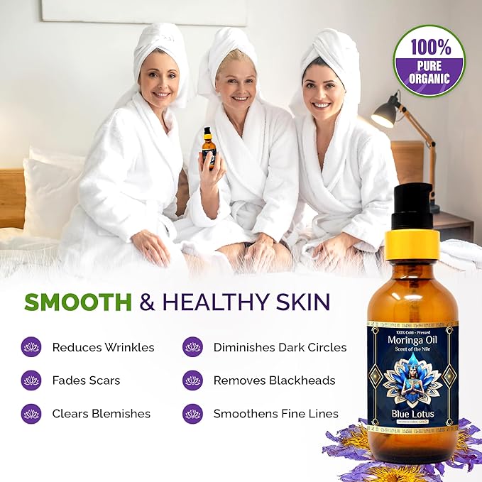 Pure Organic Moringa Oil with Blue Lotus Flower & Ormus Gold – Hydrating & Anti-Aging Oil for Skin, Hair & Nails – Premium 100% Cold Pressed Moringa Seed Extraction, Nourishes & Hydrates Skin