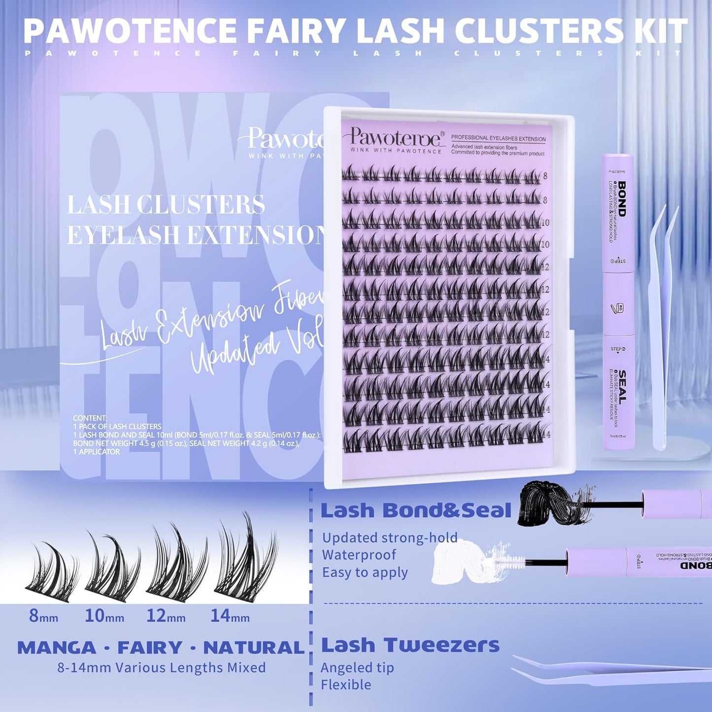 Pawotence Manga Lash Clusters Kit Fairy Eyelash Clusters 8-14mm Natural Lash Extension Kit Individual Lashes Cluster Wispy with Lash Bond and Seal, Tweezers Cluster Eyelash Extensions Kit