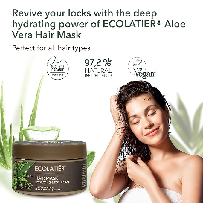 Aloe Vera Hair Mask with Organic Aloe Vera for Hair – Hydrating & Fortifying, 96.9% Natural, Vegan, Deep Treatment for Damaged, Dry & Curly Hair, Shea Butter & Rice Proteins, 8.5 Fl Oz