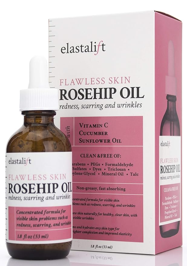 Elastalift Rosehip Oil for face with Vitamin C and Cucumber. Pure Rosehip face oil helps with Wrinkles, Scarring, and Redness for a brighter skin complexion. 1.8 Fl Oz (Pack of 2)