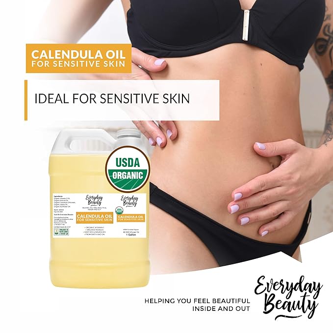 Organic Calendula Oil For Sensitive Skin -Bulk 1 Gallon- USDA Organic Certified 100% All Natural Plant Based, Lightweight & Unscented Gentle Soothing Oil For Sensitive Skin - For Face, Skin & All Over