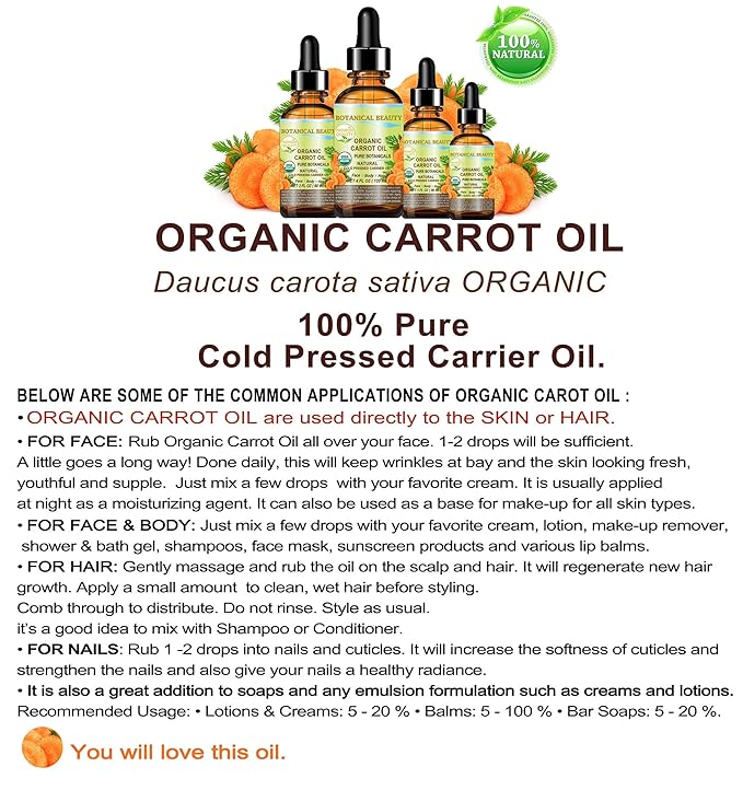 Botanical Beauty Organic CARROT SEED OIL 100% Pure VIRGIN UNREFINED Undiluted Cold Pressed Carrier Oil 2 Fl.oz.‐ 60 ml. for Face, Skin, Body, Hair, Lip, Nails. Rich in Beta Carotene, Vitamin E