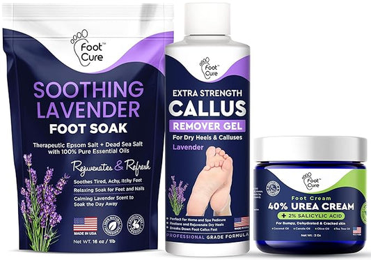 Lavender Foot Soak & Callus Remover Gel Kit - Extra Strength Callus Remover Gel for Feet, Remove Calluses with Epsom Salts, Dry Cracked Heels & Tea Tree Oil Foot Cream - Moisturizing Athletes Foot