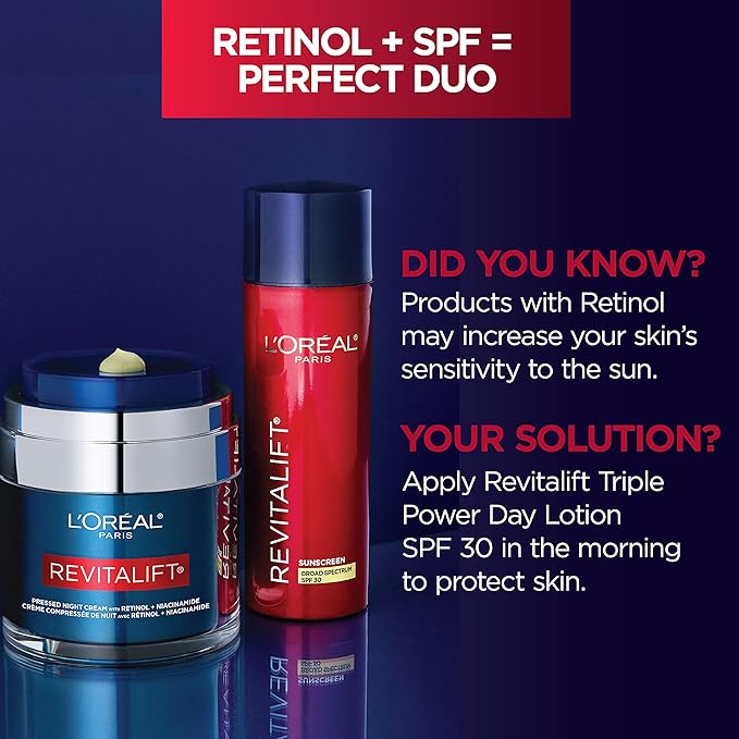 L'Oreal Paris Revitalift Pressed Night Cream, Retinol + Niacinamide, Reduces Wrinkles, Fragrance Free, 1.7 oz + Serum Sample
