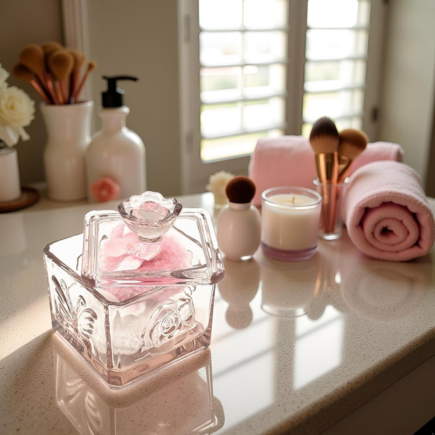 Body Powder Puff and Container - Glass Dusting Powder Container with 2 Soft Puffs – Vintage Powder Puff Case for Women & Girls (3.74x3.74x4.53 H IN)- GRB013-Pink