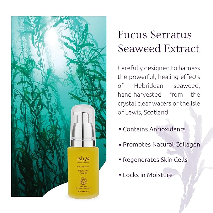 Ishga Face Oil | Natural & Organic Skincare | Scottish Seaweed | For All Skin Types Vegan, Cruelty-Free | Jojoba, Almond Oil, Rose Geranium | 1.69fl oz (30ml)