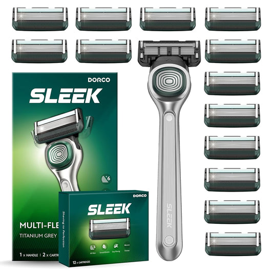 DORCO SLEEK Six Blade Razor System Bundle with Multi-Flex Technology, Ergonomic Handle With Precision Shaving Razor Replacements, 14 Cartridges