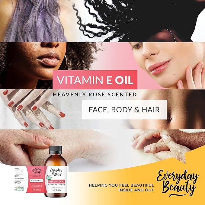 Organic Vitamin E Oil - Heavenly Rose Scented USDA Certified 100% All Natural Plant Based 4oz - Light and Rose Scented Great for Scars After Surgery - For Face, Skin and Nails