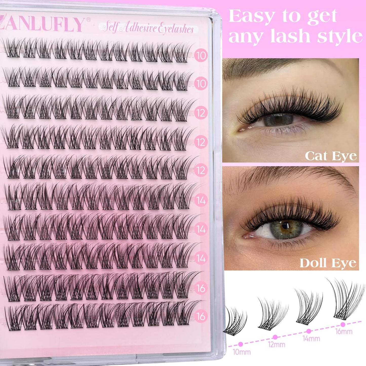 Self Adhesive Eyelashes Natural Self Adhesive Lash Clusters Pre-glued Eyelashes Clusters C-Curly No Glue Lashes Wispy Cluster Lashes 10-16MM DIY Individual Lashes by zanlufly