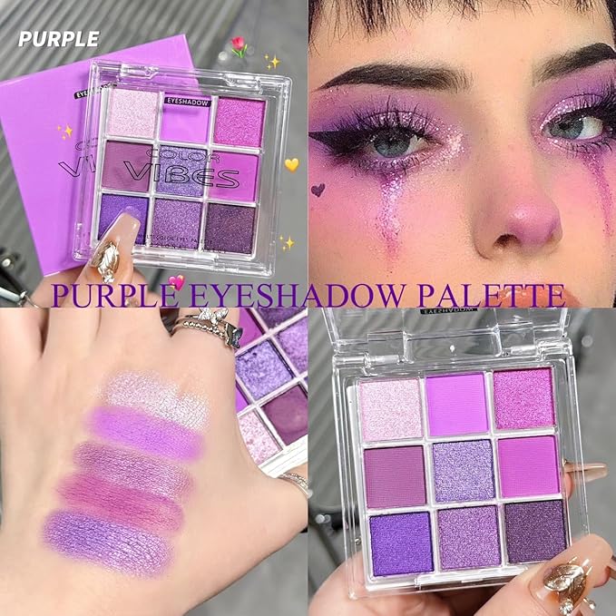 Purple Glitter Matte Eyeshadow Palette, 9 Colors Shimmer High Pigmented Eyeshadow Powder, Dream Purple Eye Shadow Palette Makeup,Waterproof Blendable Colorful Eyeshadow Palette for Girl Women