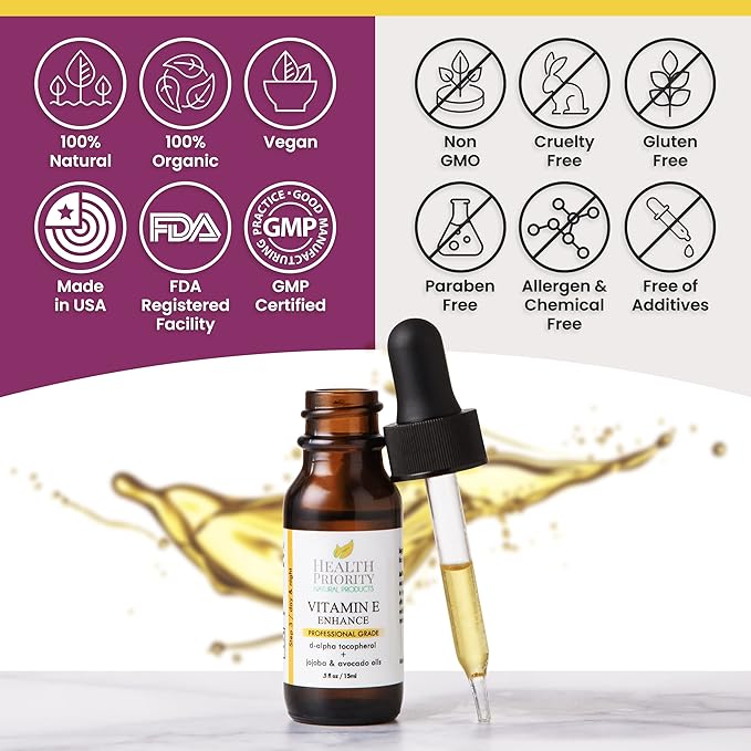 Health Priority Vitamin E Oil - 15,000 IU Vitamin E Serum for Face and Hair - Organic, Handmade - Non-GMO, Gluten-Free, Vegan - Oil for Scars, Wrinkles, Stretch Marks - Scented, 0.5 Fl Oz