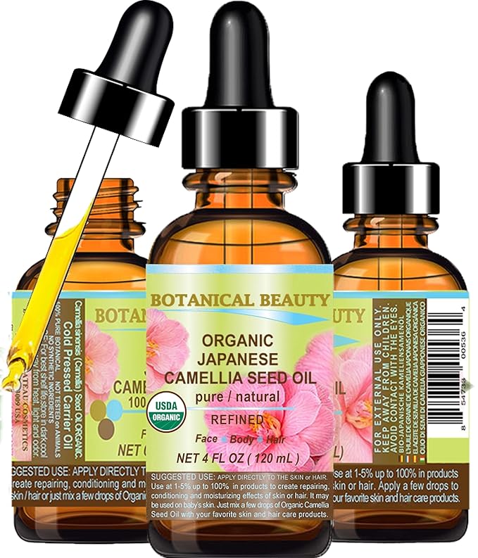 Botanical Beauty Japanese ORGANIC CAMELLIA Seed Oil. 100% Pure Natural Undiluted Refined Cold Pressed Carrier Oil to revitalize and rejuvenate the hair, skin and nails. 4 Fl. oz 120 ml