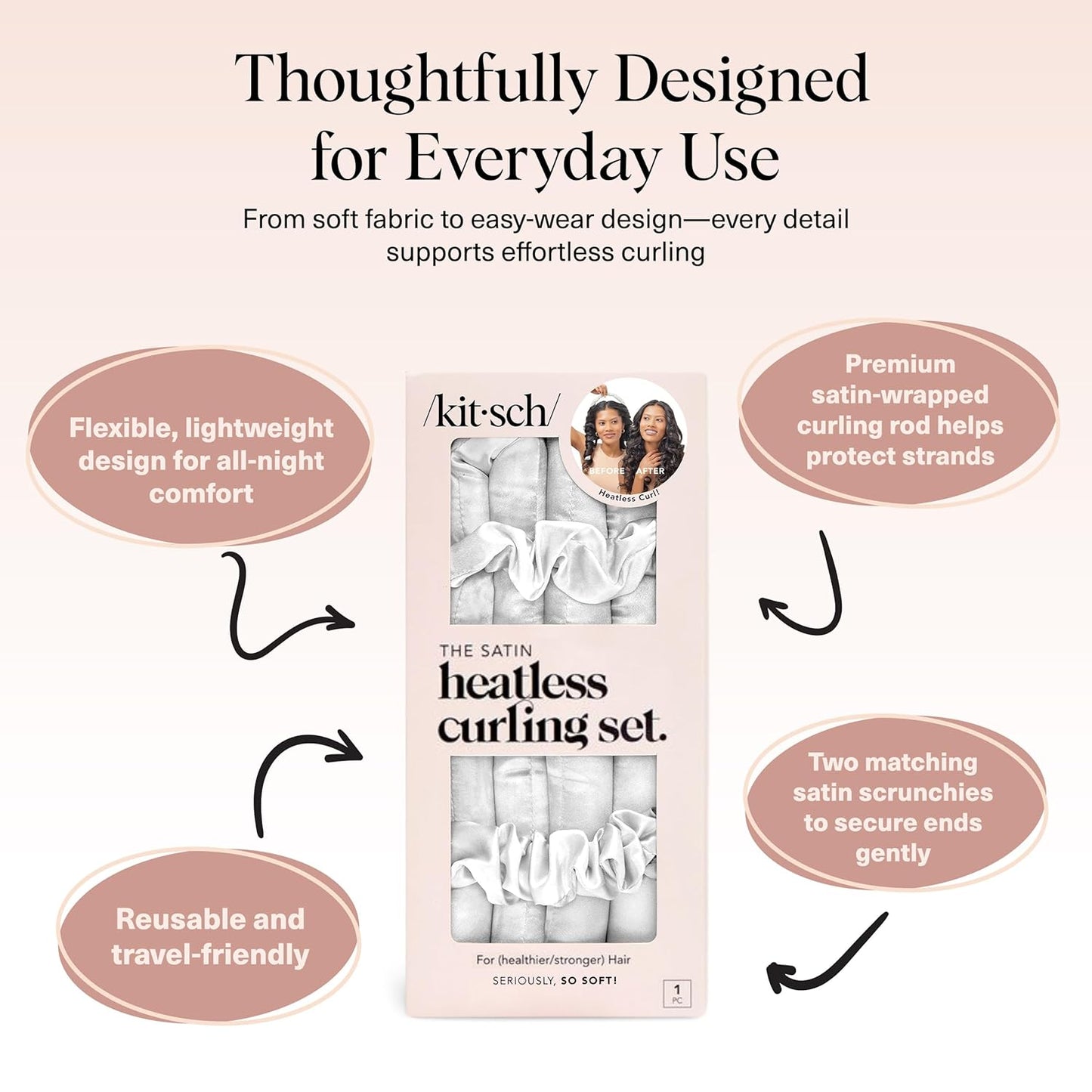 Kitsch Satin Heatless Hair Curler Set - Heatless Curls Overnight, Hair Rollers for Soft Curls & Frizz-Free Styling, No Heat Curlers To Sleep in, Curling Rod Headband with 2 Scrunchies - Ivory