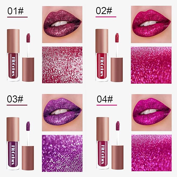 SUMEITANG 4 Color Liquid Glitter Lipstick Set，Diamond Sparkle Glosses, Popular Shimmer Shades, Matte-to-Glitter Finish, Long-Lasting & Waterproof, Perfect for Women & Girls Create a Shiny Lip Makeup