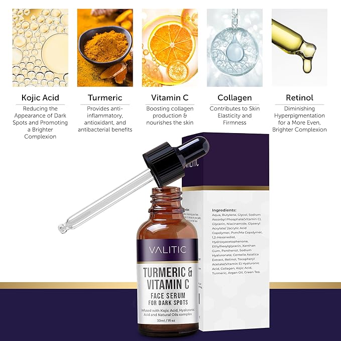 VALITIC Vitamin C Serum - Anti Aging and Dark Spot Remover for Face, Skin Care with Niacinamide, Hyaluronic Acid, Collagen, Kojic Acid, Turmeric - Brightening Face Serum 1 fl oz