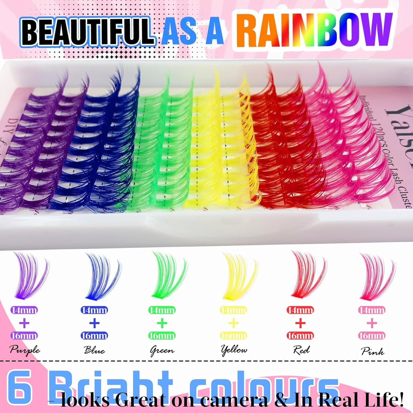 Eyelash Extension Kit Colored Lash Clusters Lash Extension Kit 6 Colors Rainbow Lash Clusters with Bond and Seal and Applicator Colorful Lash Extensions 14mm&16mm D Curl Lashes Cluster by Yaiseiko