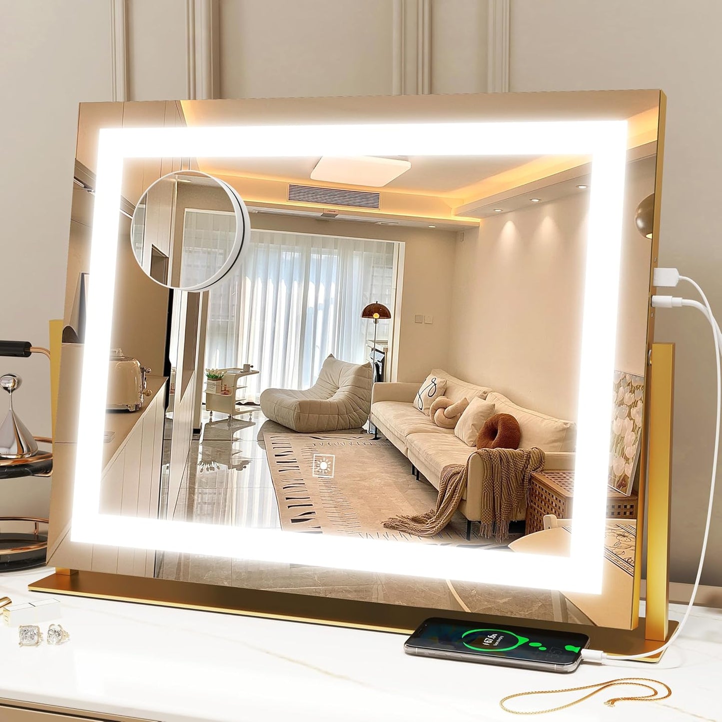 Vanity Mirror with Lights 22"x18", Lighted Makeup Mirror with 10X Magnification, Smart Touch 3 Colors Dimmable, 360° Rotation, Women Gift, Dresser Mount, Bathroom (Gold)