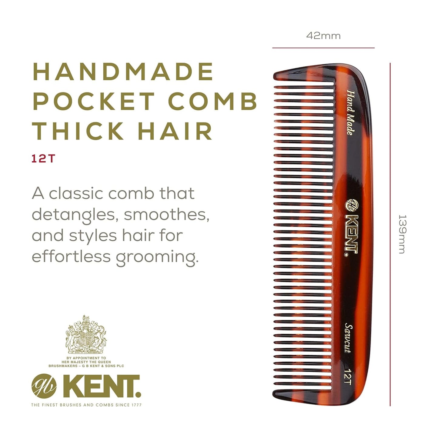 Kent 12T Tortoise Pocket Comb - Handmade Wide Tooth Hair Comb for Men, Women, and Kids - Travel, Beard, and Mustache Comb - Saw Cut and Hand Polished Made in England
