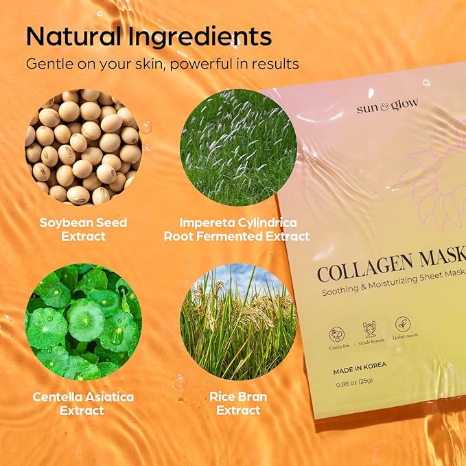 SUN & GLOW VEGAN COLLAGEN MASK Including Natural Elements Fermented 7-Layer Hyaluronic Acid Complex Soothing and Moisturizing Skin Korean Home Skincare Mask (0.88oz 25g 5Packs)