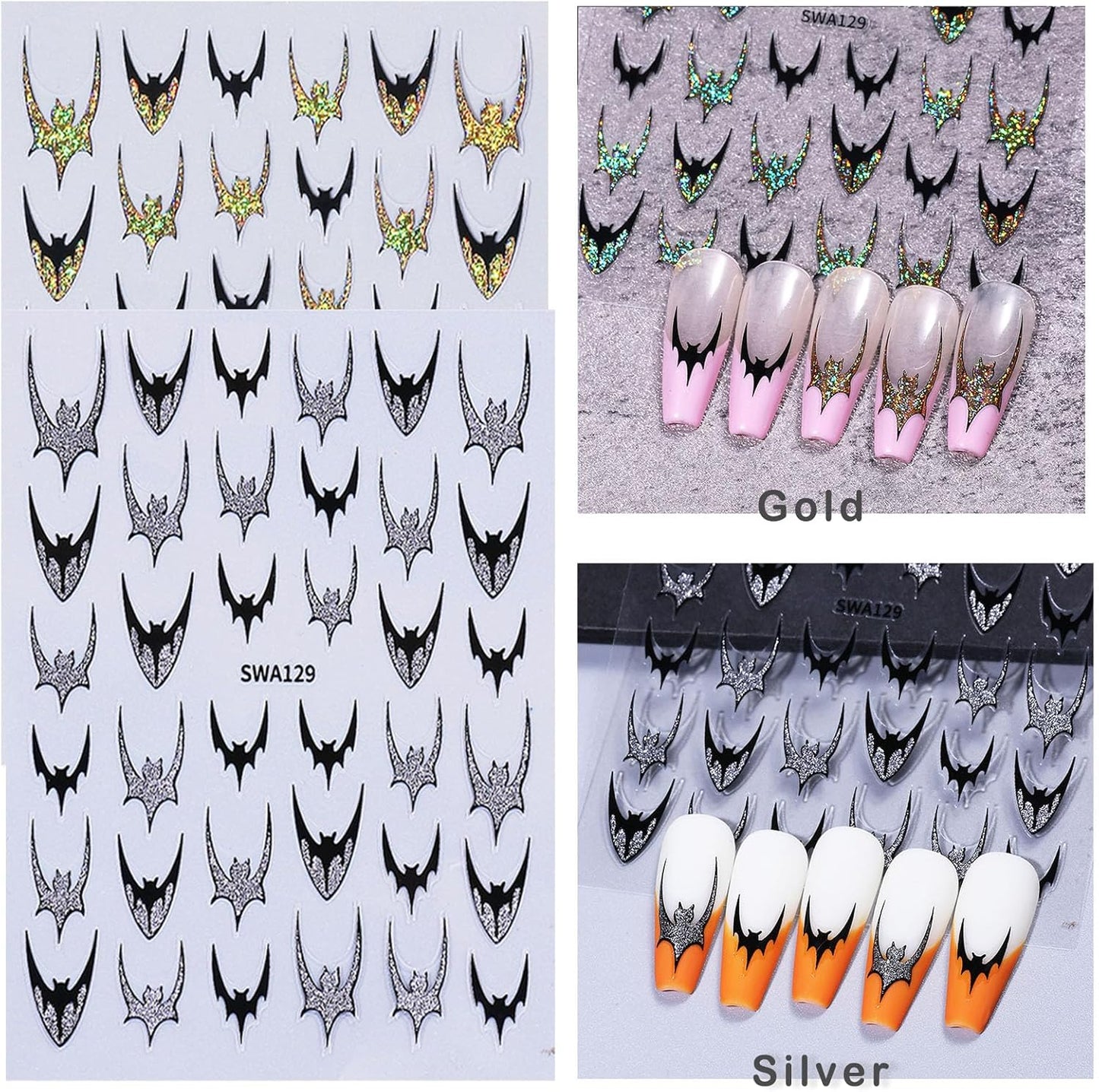 6 Sheets Halloween Nail Stickers Gold Silver Nail Art Stickers Bat Spider Web Stars Nail Decals with Glitter Bat Spide Love Design Nail Art Sticker Decoration for Women Girls Manicure Supplies