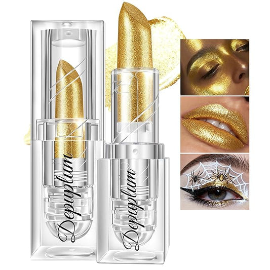 Halloween Gold Lipstick Shimmer Body Painting Stick for Women Waterproof Long Lasting Lip Stick Gothic Zombie Vampire Lip Makeup Cosplay Cruelty Free Lipstick, Shimmer Gold