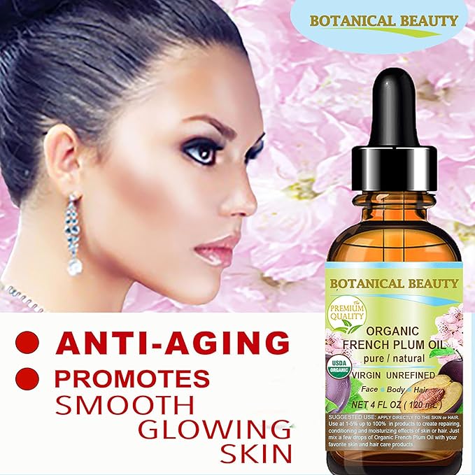 Botanical Beauty Organic French PLUM OIL 100% Pure Natural VIRGIN UNREFINED Cold-Pressed Carrier Oil 4 Fl oz 120 ml for Face, Skin, Body, Hair, Lip, Nails. Rich in Vitamin E, Omega 6, Omega 9