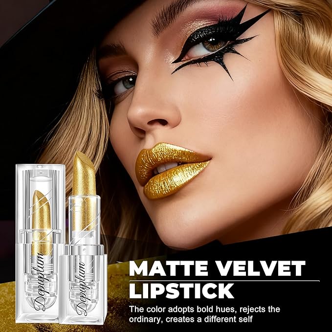 Halloween Gold Lipstick Shimmer Body Painting Stick for Women Waterproof Long Lasting Lip Stick Gothic Zombie Vampire Lip Makeup Cosplay Cruelty Free Lipstick, Shimmer Gold
