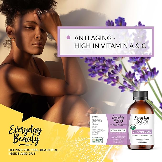 Organic Vitamin E Oil - Heavenly Lavender Scented USDA Certified 100% All Natural Plant Based 8oz - Lightweight and Great for Scars After Surgery - For Face, Skin and Nails - Anti Aging