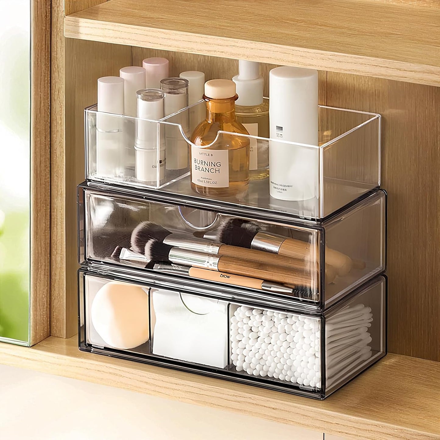Medicine Cabinet Organizer 3 Pack, Plastic Stackable Storage with 2 Drawers, Bathroom Mirror Cabinet Organizer with Removable Dividers for Wall Cabinet, Vanity, Countertop, Clear