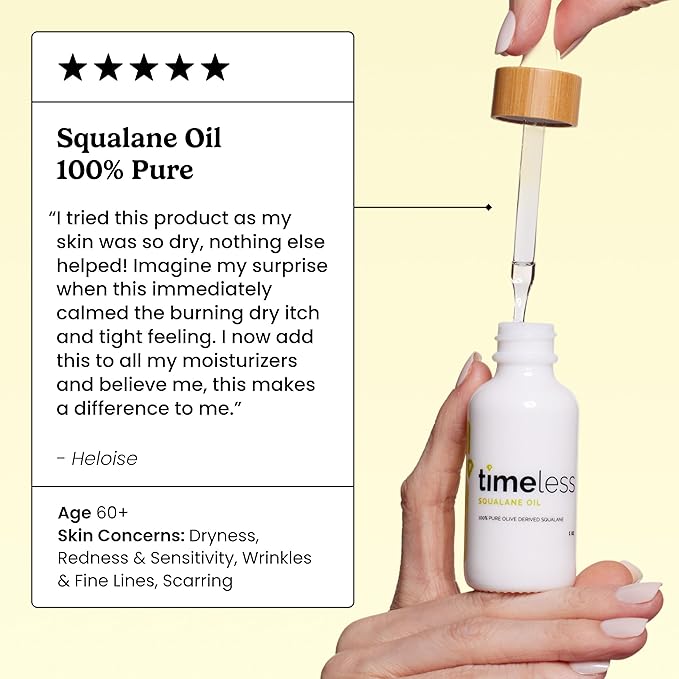 Timeless Skin Care Squalane Oil 100% Pure - Plant-Based Face Oil - Fragrance-Free - For Dry Skin - Moisturizing - 1 oz