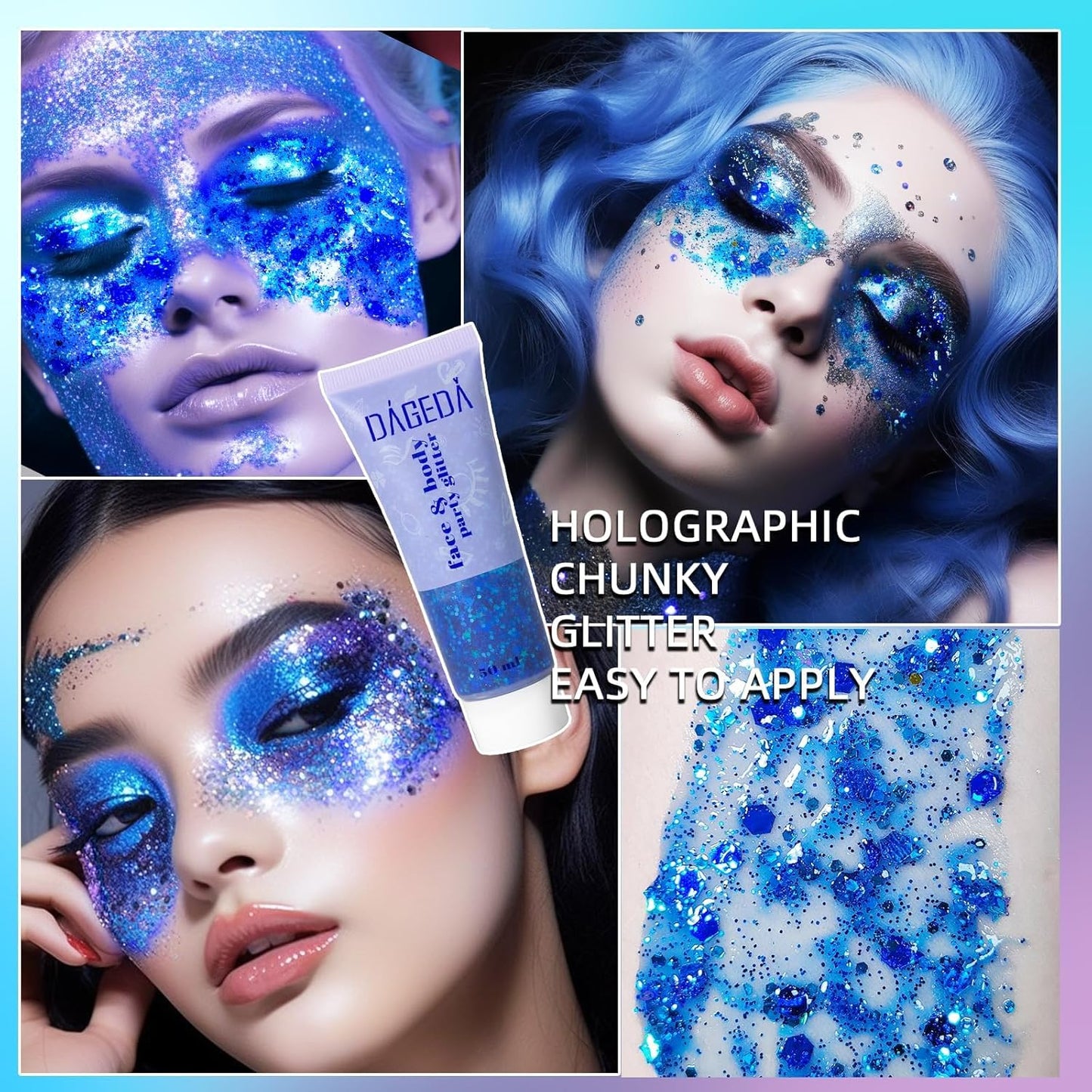 DAGEDA Body Glitter Gel, Face Glitters Body Gel Sequins Shimmer Liquid Eyeshadow, Chunky Glitter for Face Hair Nails, Holographic Cosmetic Laser Powder Festival Glitter Makeup 50ml(Blue)