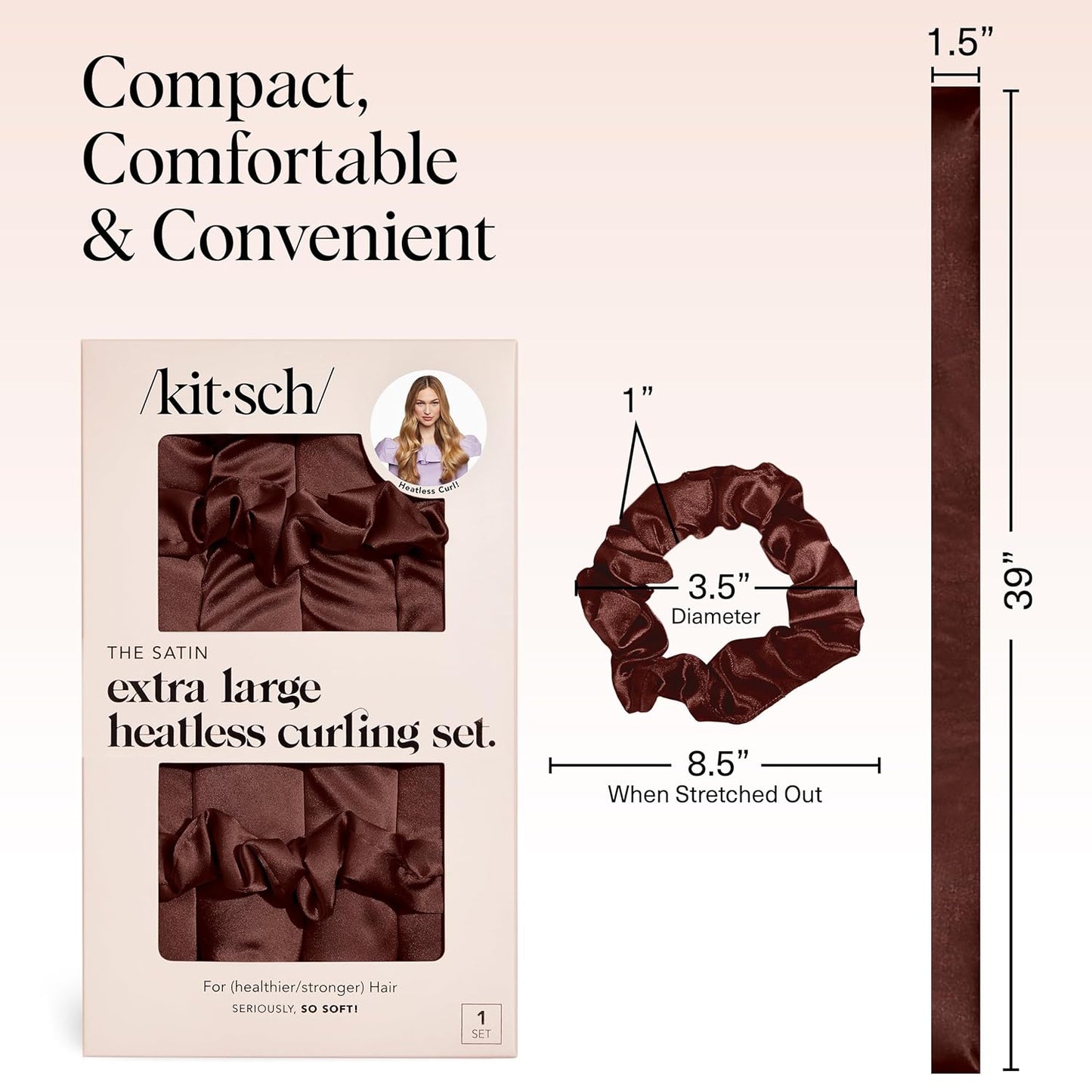 Kitsch XL Satin Heatless Curling Set – Heatless Hair Curler for Women, Hair Curler to Sleep In - with 2 Satin Scrunchies for Overnight Curls – No Heat Damage Styling with Heatless Curler - Chocolate