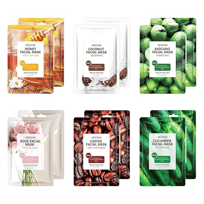 Face Mask Skincare, 12 Pack Variety Sheet Masks - Spa Party Face Masks - Natural Ingredients, Moisturizing & Soothing - Suitable for All Skin Types