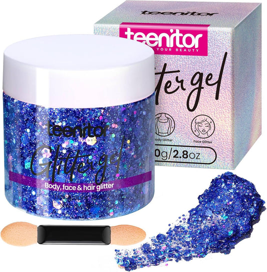 Teenitor Blue Body Glitter, Face Glitters, Body Glitter Gel, Hair Glitter Gel, 80g/2.8oz Holographic Blue Glitter Makeup for Face Body Hair