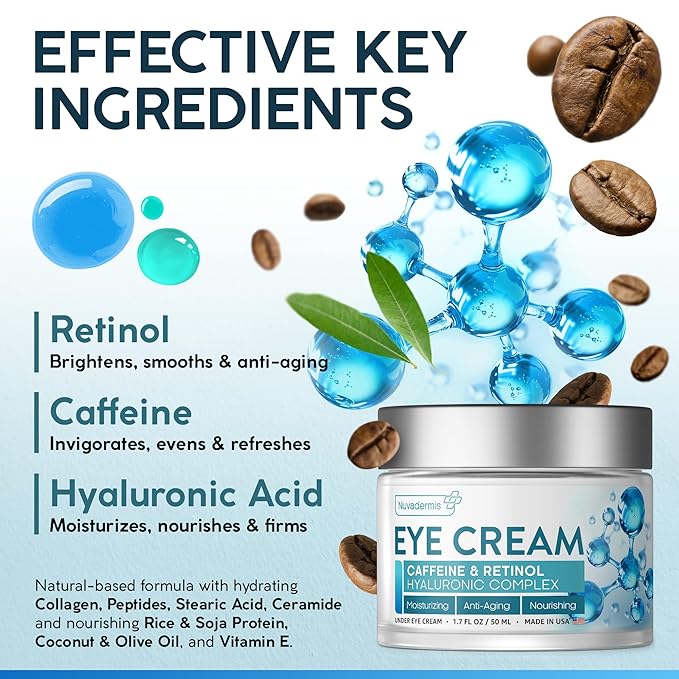 NUVADERMIS Caffeine Eye Cream with Retinol & Hyaluronic Complex – Anti-Aging Treatment – 1.7 oz – Made in the USA