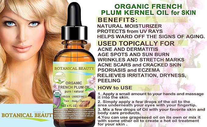 Botanical Beauty Organic French PLUM OIL 100% Pure Natural VIRGIN UNREFINED Cold-Pressed Carrier Oil 2 Fl oz 60 ml for Face, Skin, Body, Hair, Lip, Nails. Rich in Vitamin E, Omega 6, Omega 9
