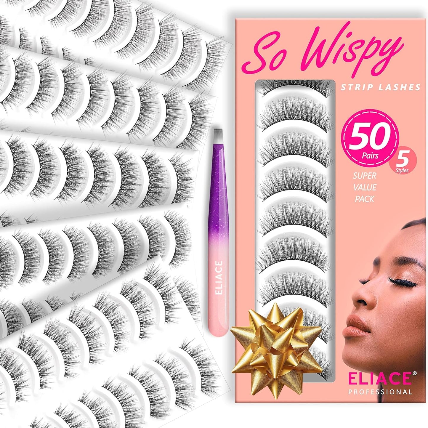 Eliace Luxurious 50 Pairs 5 Styles Cat Eye Lashes Wispy False Eyelashes Natural look 3D Mink Lashes Fake Eyelashes Kit, Thin Soft Band Comfortable Fluffy Volume Cross Strip Lash, with Lash Tweezers