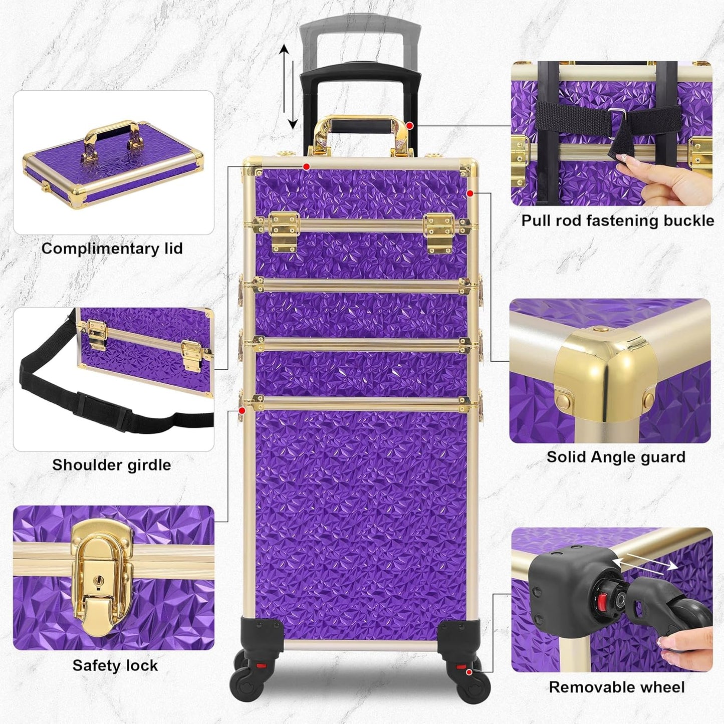 Rolling Makeup Case, Makeup Train Case with Lid, 5 in 1 Cosmetology Case on Wheels, Christmas Gift, Large Makeup Organizers, Profesional Cosmetic Case for Salon Barber, Purple Gold