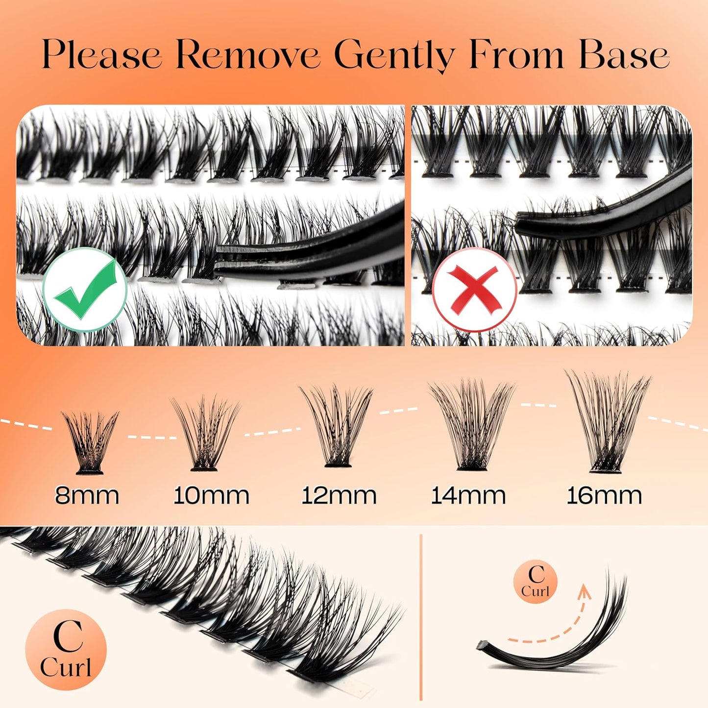 Lash Extension Kit-VYRILA 0.07mm Wispy C Curl Lash Clusters Kit 40P 8-16mix Individual Lashes with Lash Bond and Seal Waterproof,Lash Tweezers for DIY Lash Extension (Orange 40P Kit-C-8-16mix)