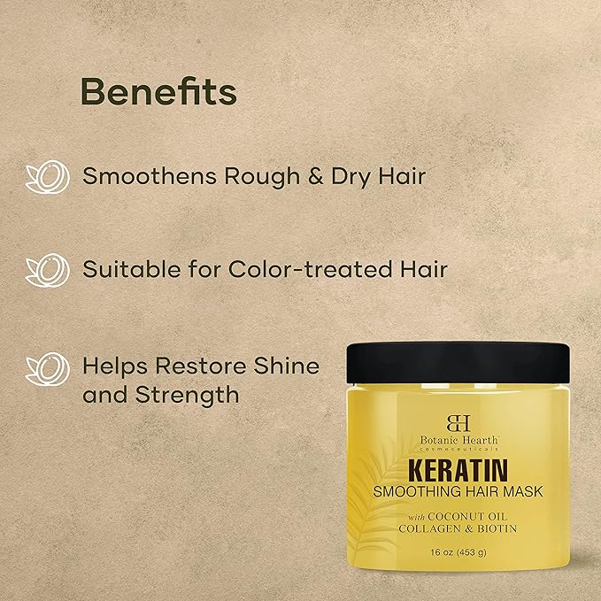 Botanic Hearth Keratin Hair Mask - Biotin, Collagen & Coconut Oil - for Dry Damaged Treated Hair - Restore, Repair, Smoothing, Conditioning & Strengthen All Hair Types - for Men & Women - 16 oz
