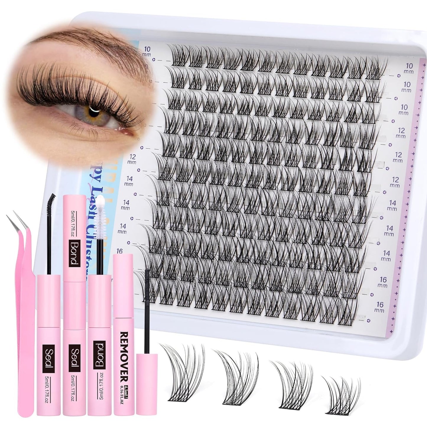 Cluster Eyelash Extensions Kit Lash Clusters Kit Natural Wispy Individual Lashes Kit C-curly DIY Lash Extension Kit 10-16MM Eyelash Clusters Kit with Lash Remover by Newcally