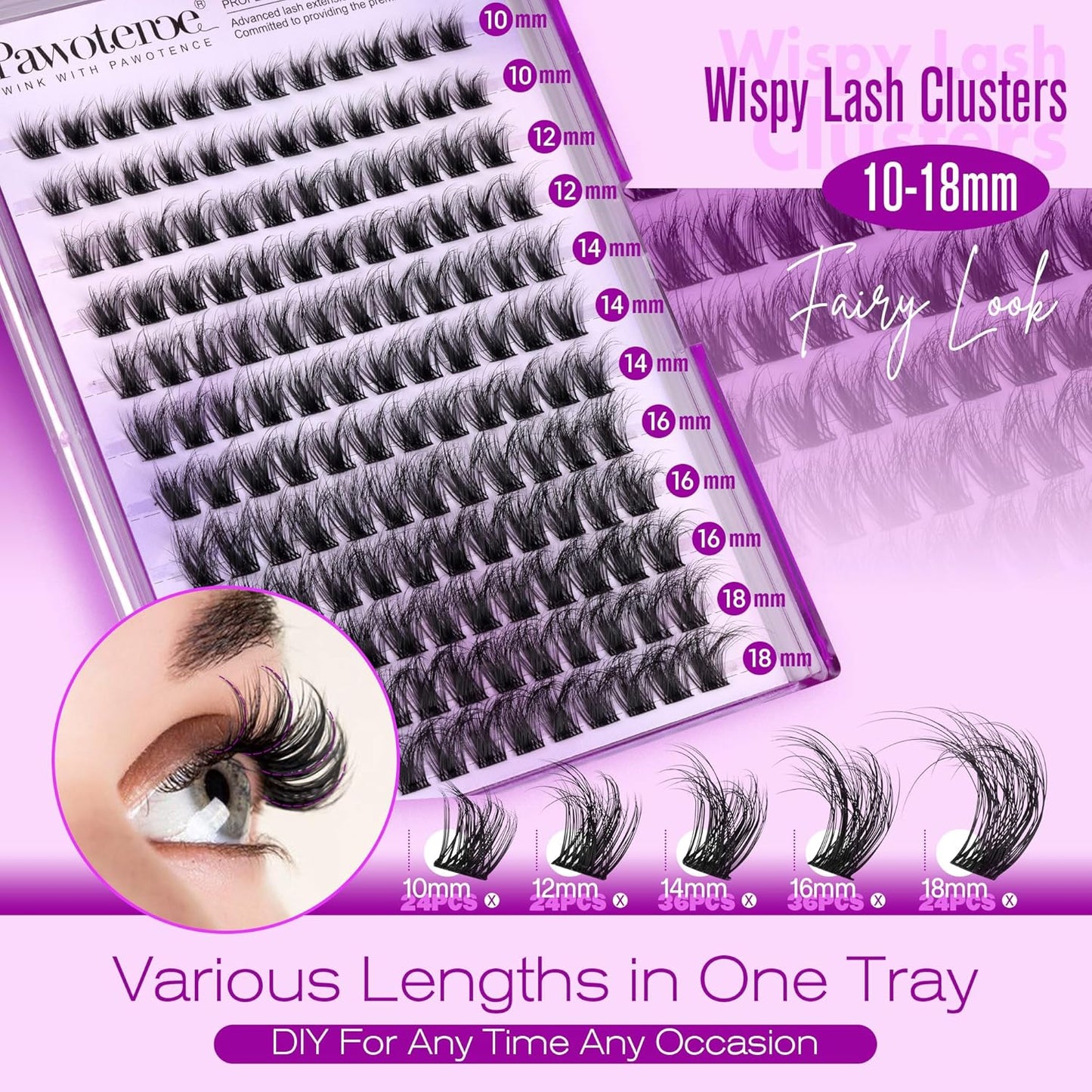 Pawotence Lash Clusters Wispy Eyelash Clusters 10-18mm Faux Mink Individual Lashes Extension DIY 144pcs False Eyelashes Full Cluster Eyelash Extensions