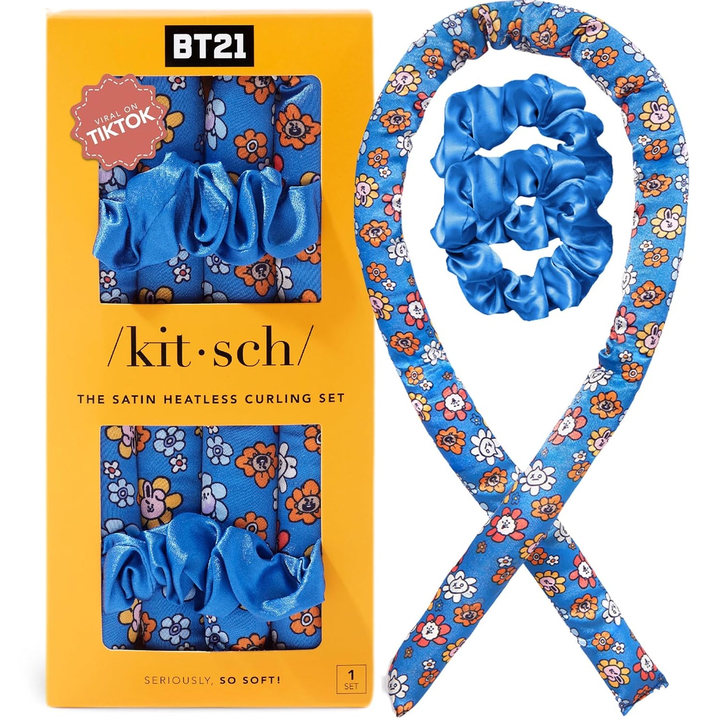 BT21 x Kitsch Satin Heatless Hair Curler Set - Heatless Curls Overnight, Hair Rollers for Soft Curls & Frizz-Free Styling, No Heat Curlers To Sleep in, Curling Rod Headband for Overnight Curl - BT21