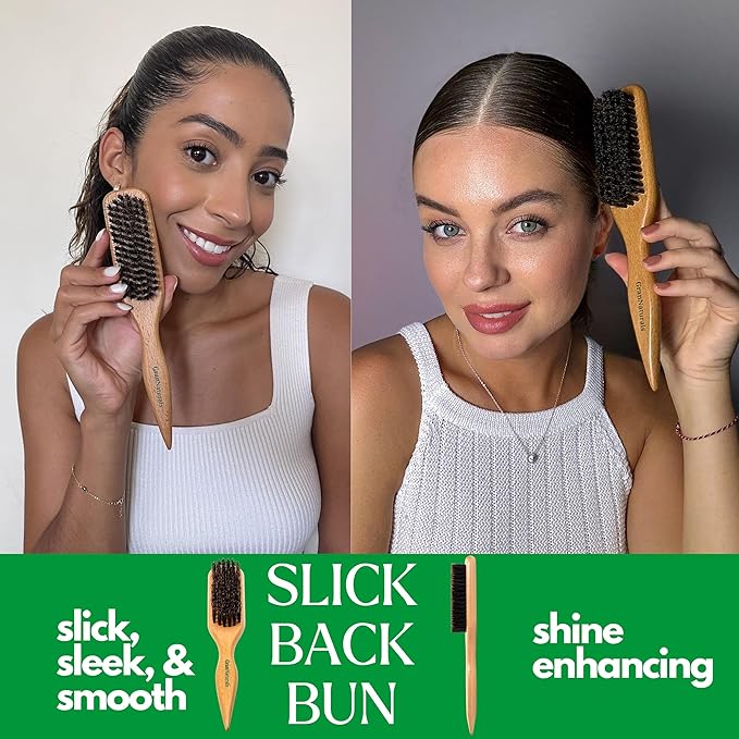 GranNaturals Boar Bristle Slick Back Hair Brush for Sleek Ponytail Bun & Smoothing Baby Hairs, Flyaways, Edge Control - Backcombing & Teasing Hairbrush with Wide Rat Tail for Sectioning & Parting